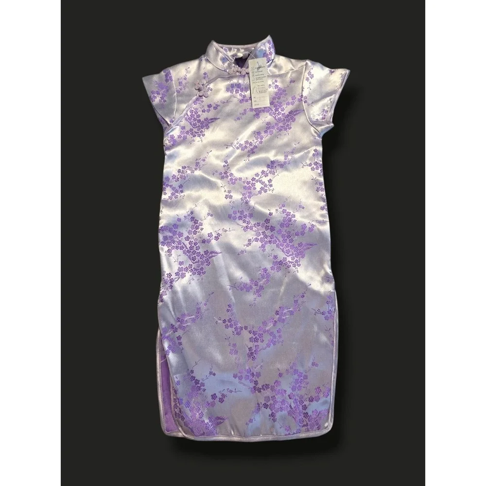 Qian Se Girls Lavender Purple Floral Brocade Cheongsam Qipao Dress Size‎ 12 NEW